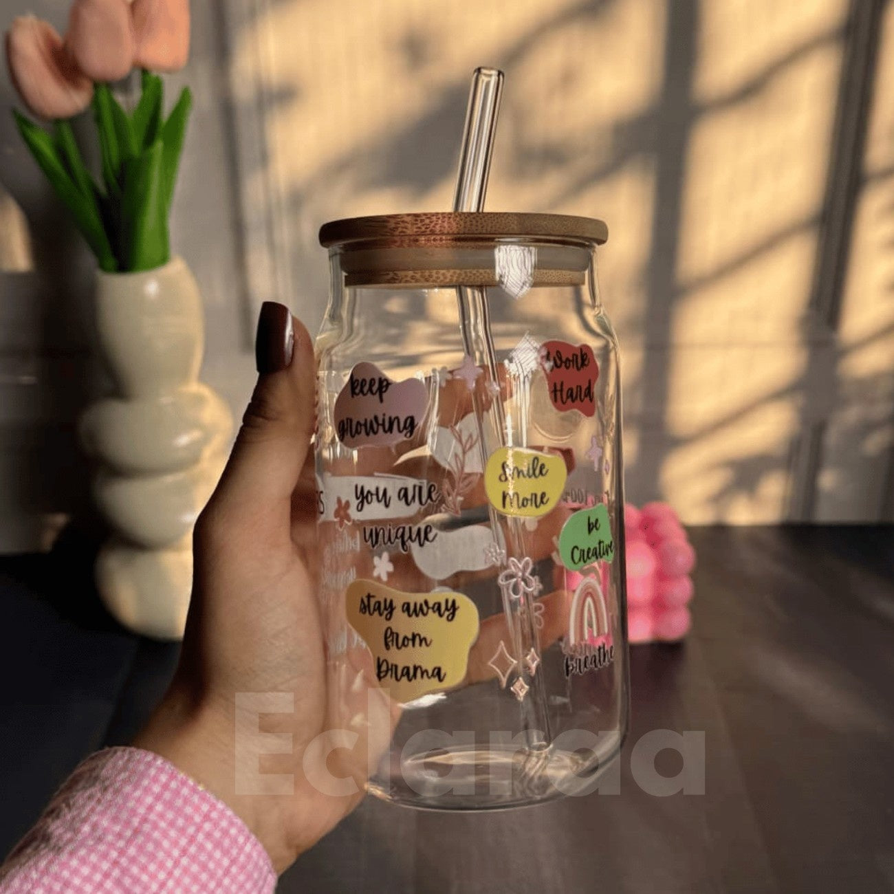 Can-shaped 540ml Daily Affirmation glass sipper side view with clear print