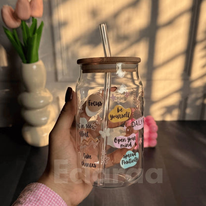 Daily Affirmation , positive vibe glass sipper 540ml with a glass straw and a bamboo lid