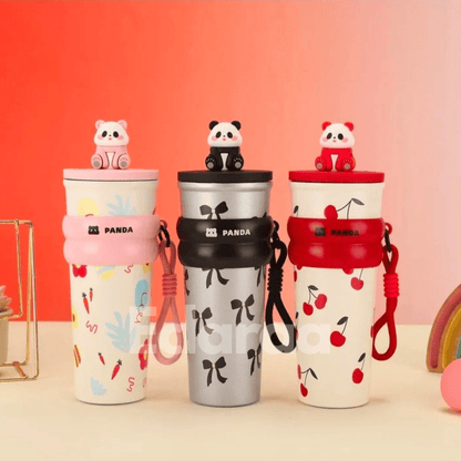 Three panda-themed tumblers with unique designs and cute for kids