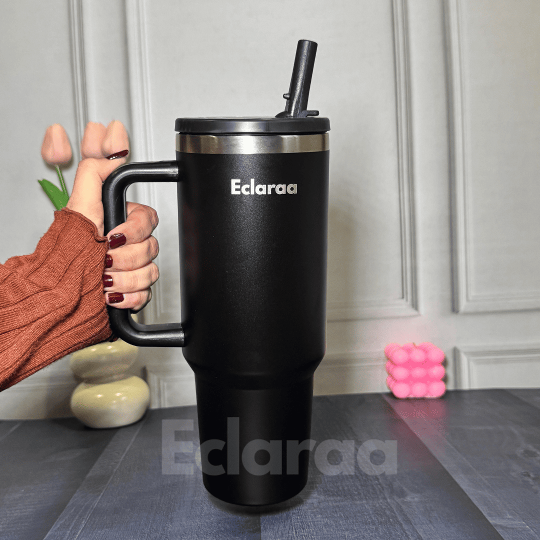 Black 1200ml insulated tumbler with handle and inbuilt straw