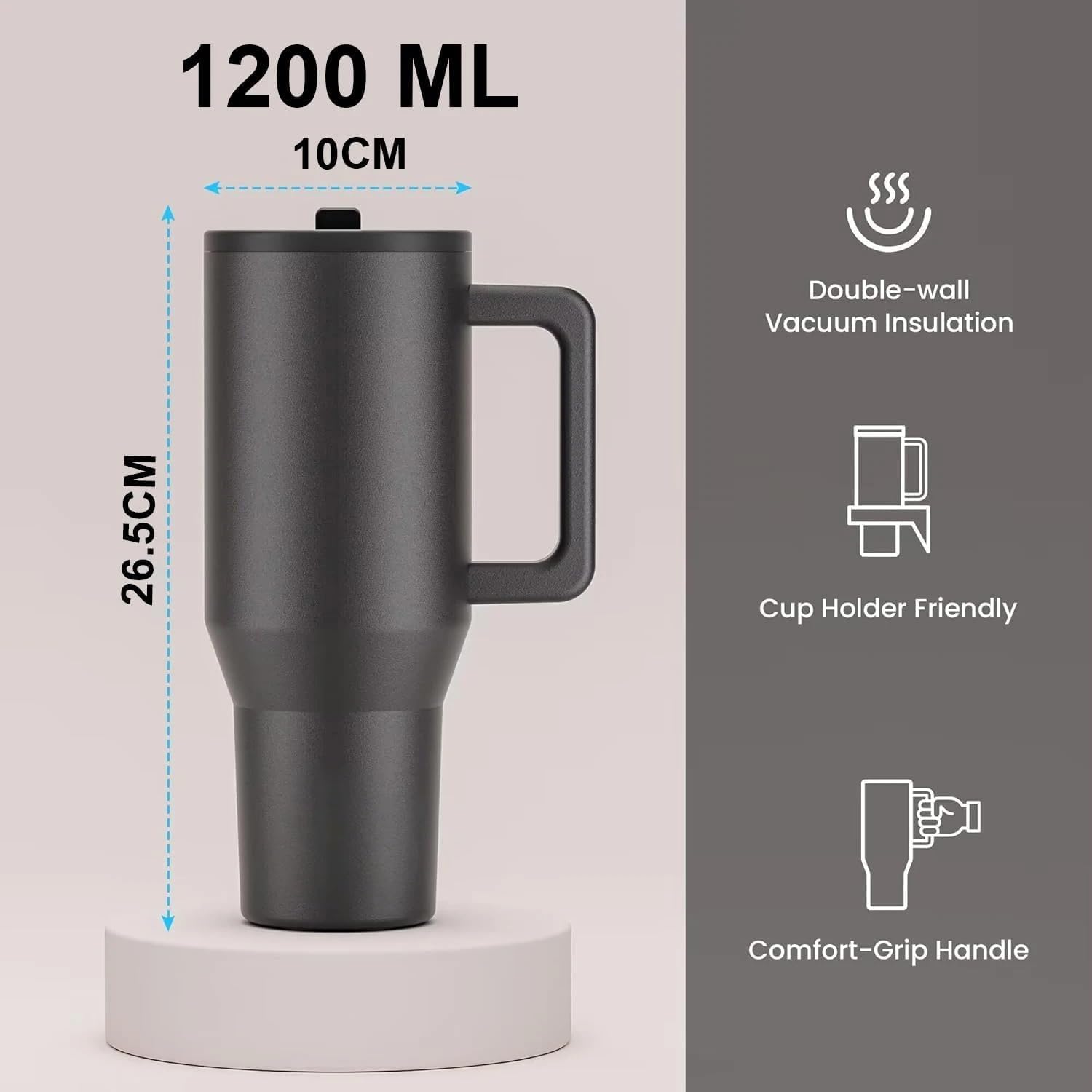 Black 1200ml insulated steel tumbler displayed in Eclaraa tumbler collection