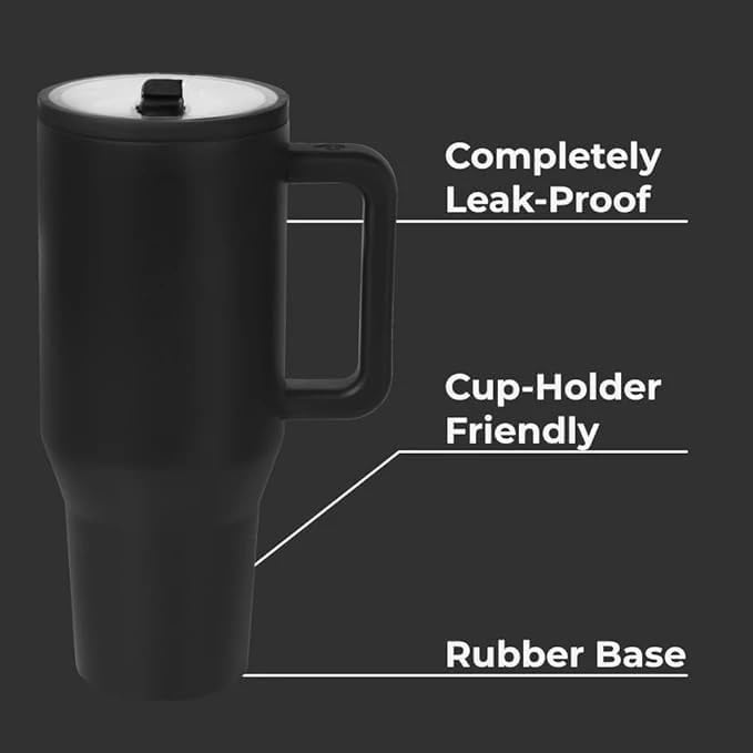 Black 1200ml tumbler with leak-resistant open lid and BPA-free straw