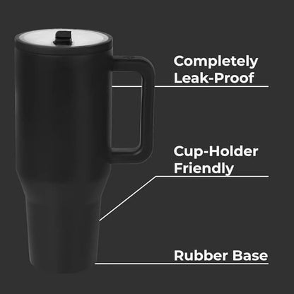Black 1200ml tumbler with leak-resistant open lid and BPA-free straw