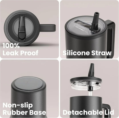 Black 40oz steel travel tumbler in daily use for gym, office, and commute