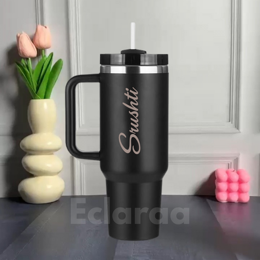 Black personalized 40oz stainless steel tumbler with lid and straw


