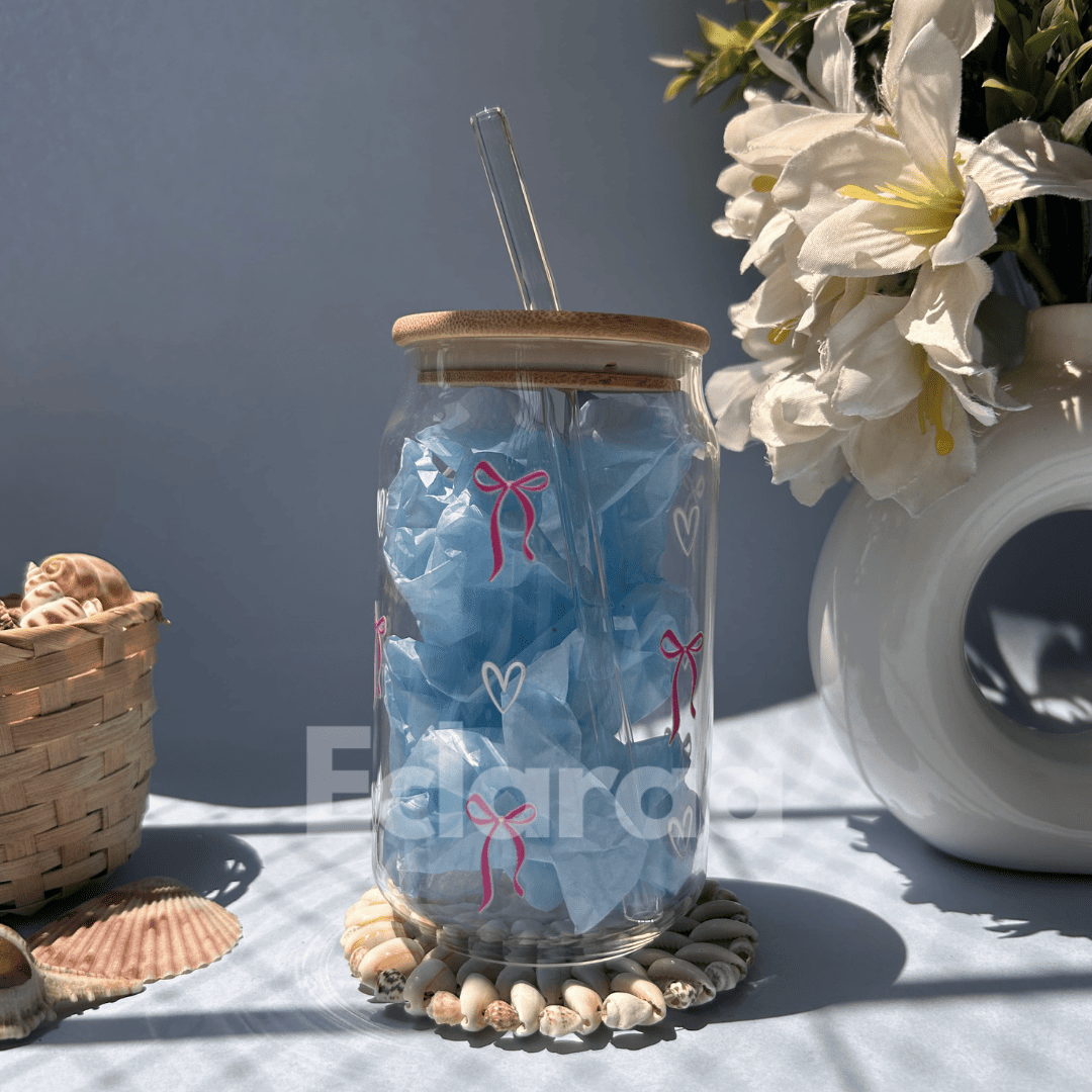 Bow UVDTF round glass tumbler with bamboo lid and straw – 540ml