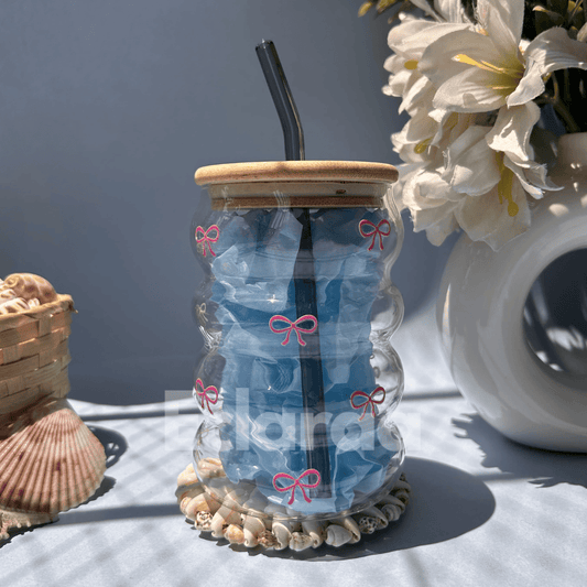 BOW cola can glass tumbler with bamboo lid and straw – 530ml capacity