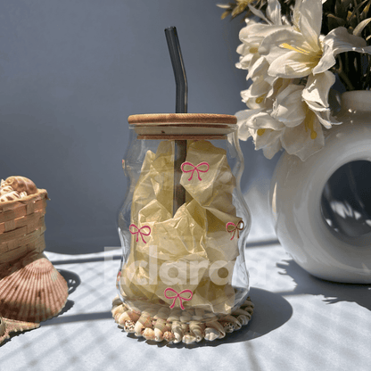 18oz iced coffee in ripple glass cup with bow UVDTF design