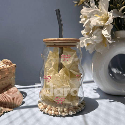 18oz iced coffee in ripple glass cup with bow UVDTF design