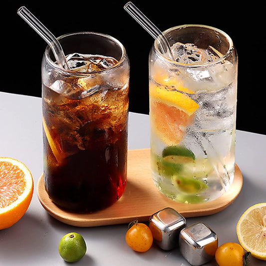 Set of 2 can shape glass tumblers with bamboo lid and straw – 540ml capacity