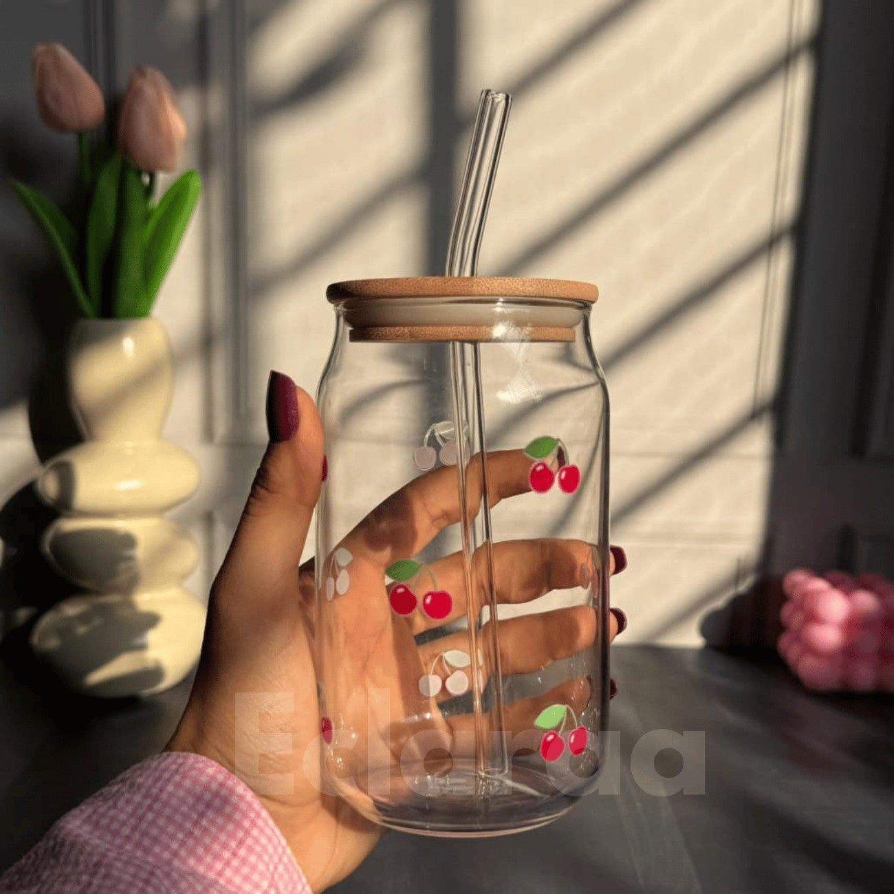 Pinteresty Cherry Can-Shaped Glass 540mlTumbler 540ml with straw and lid