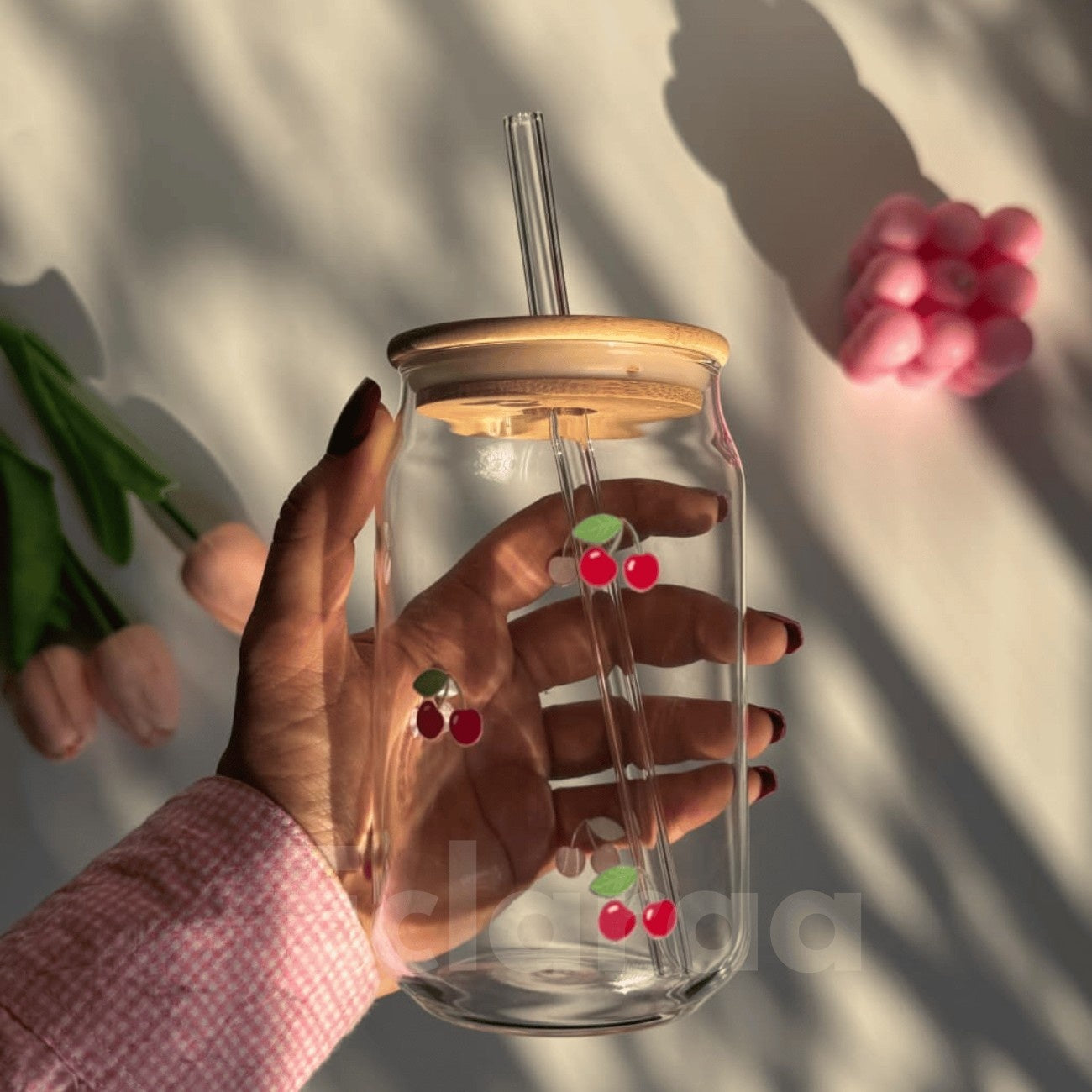 Cherry Can Tumbler with leak-resistant with wooden lid and glass straw 540ml