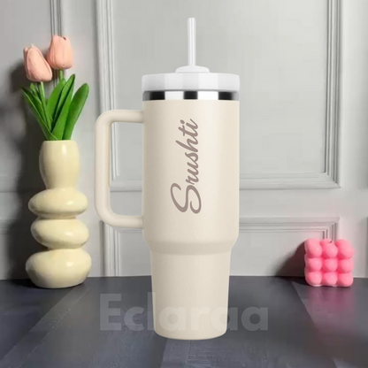 Cream personalized travel tumbler with straw and ergonomic handle