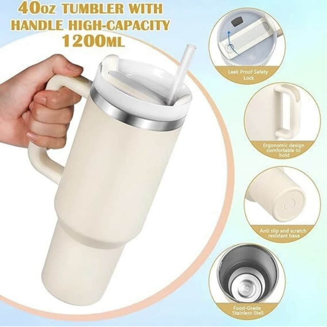Beige tumbler with handle and straw, featuring  its features.