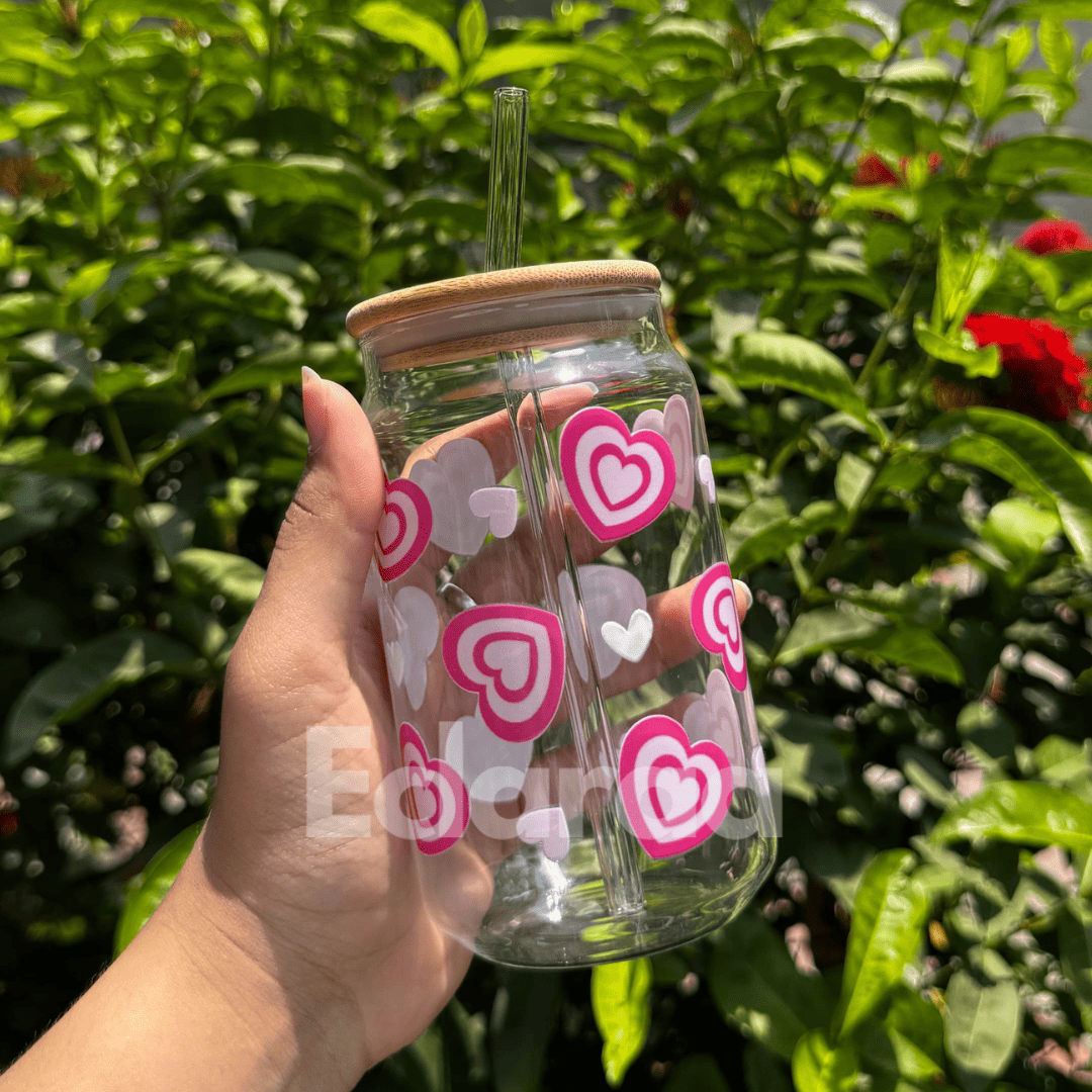 Cute pink UVDTF round glass tumbler with lid and reusable straw – 540ml