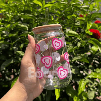 Cute pink UVDTF round glass tumbler with lid and reusable straw – 540ml