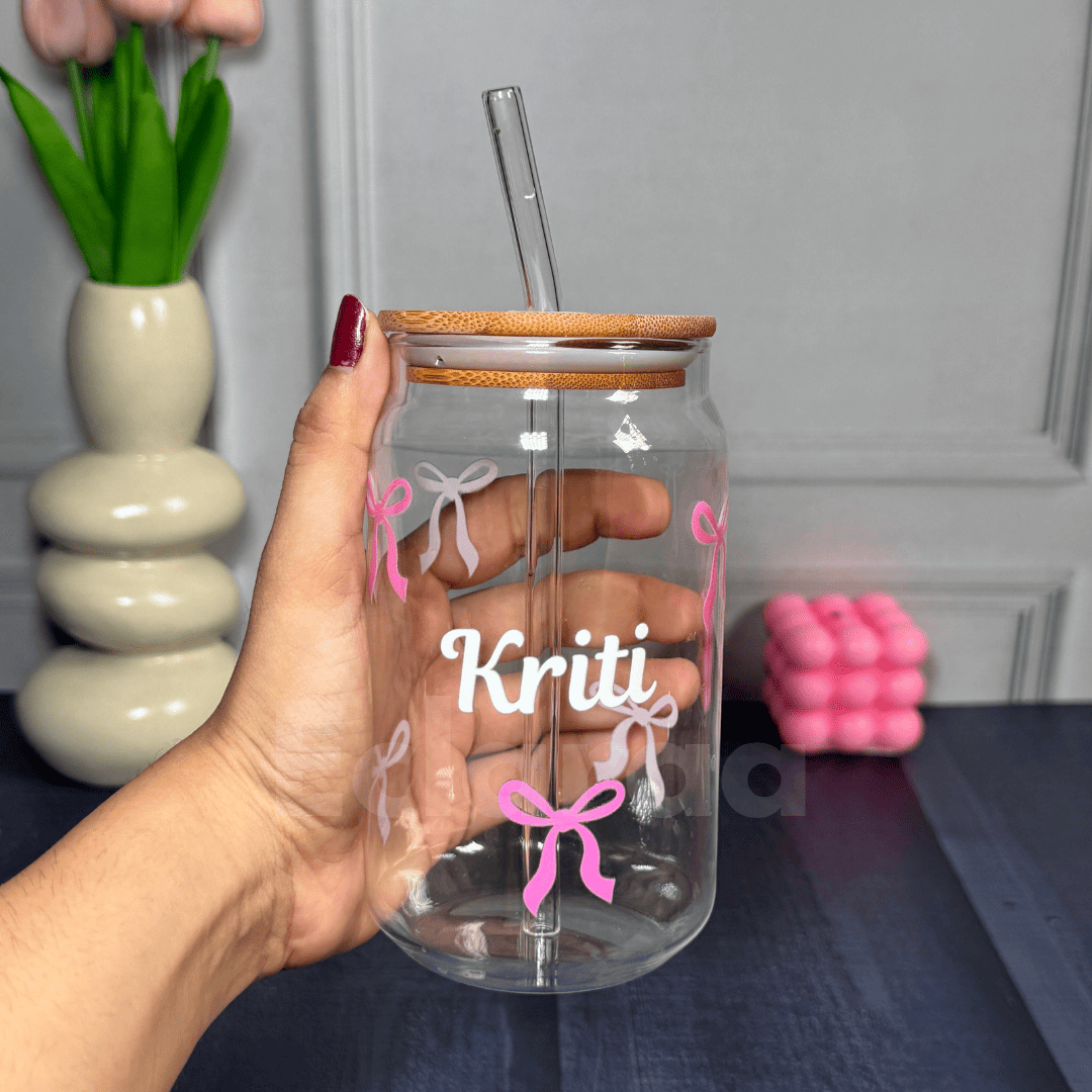 cute glass sipper with name 16oz , straw and wooden lid