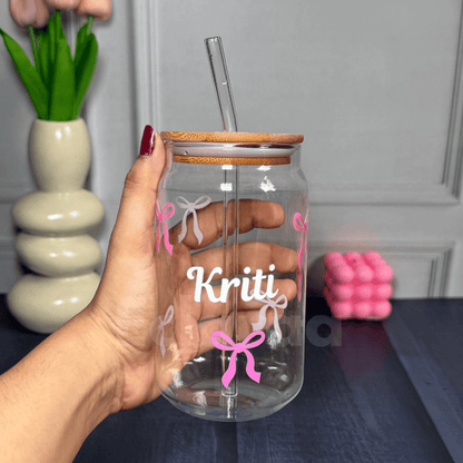 cute glass sipper with name 16oz , straw and wooden lid