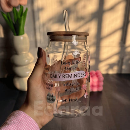 Daily Affirmation 540ml can-shaped glass tumbler with straw and bamboo lid