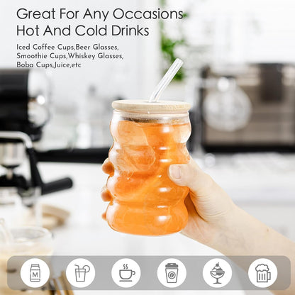 Aesthetic round wave glass tumbler with straw styled for coffee and juice use