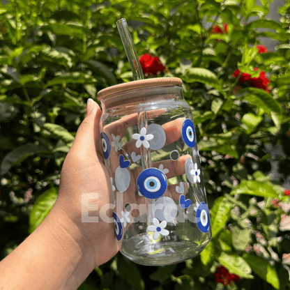 Evil eye UVDTF glass tumbler with bamboo lid and reusable glass straw – 540ml