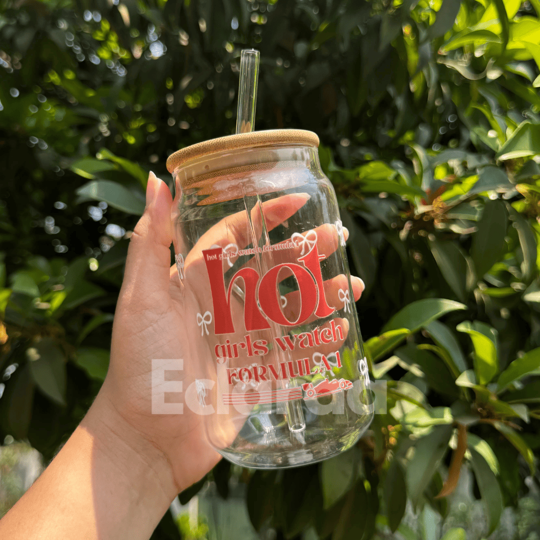 Formula 1 UVDTF round glass tumbler with lid and straw – 540ml