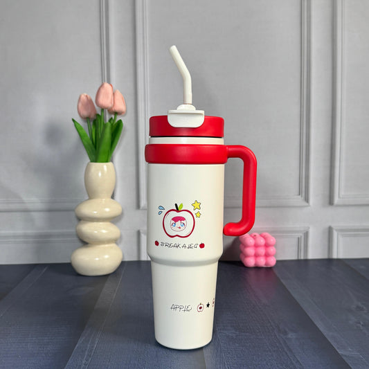  Apple print tumbler with red lid and handle 1000ml capacity