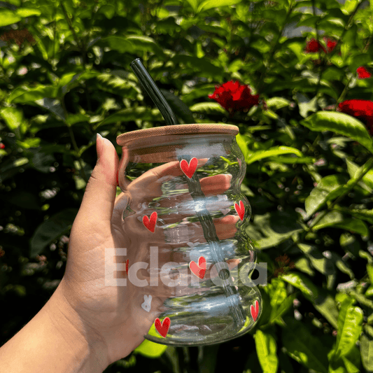 Red heart UVDTF glass tumbler with bamboo lid and reusable straw – 530ml