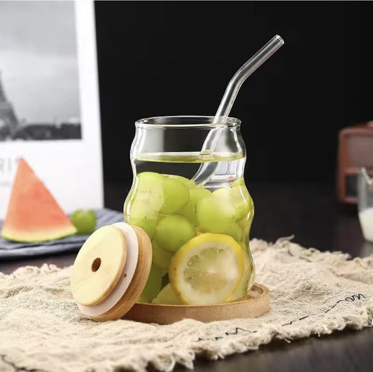 500ml curve glass tumbler with straw and bamboo lid , aesthetic drinkware