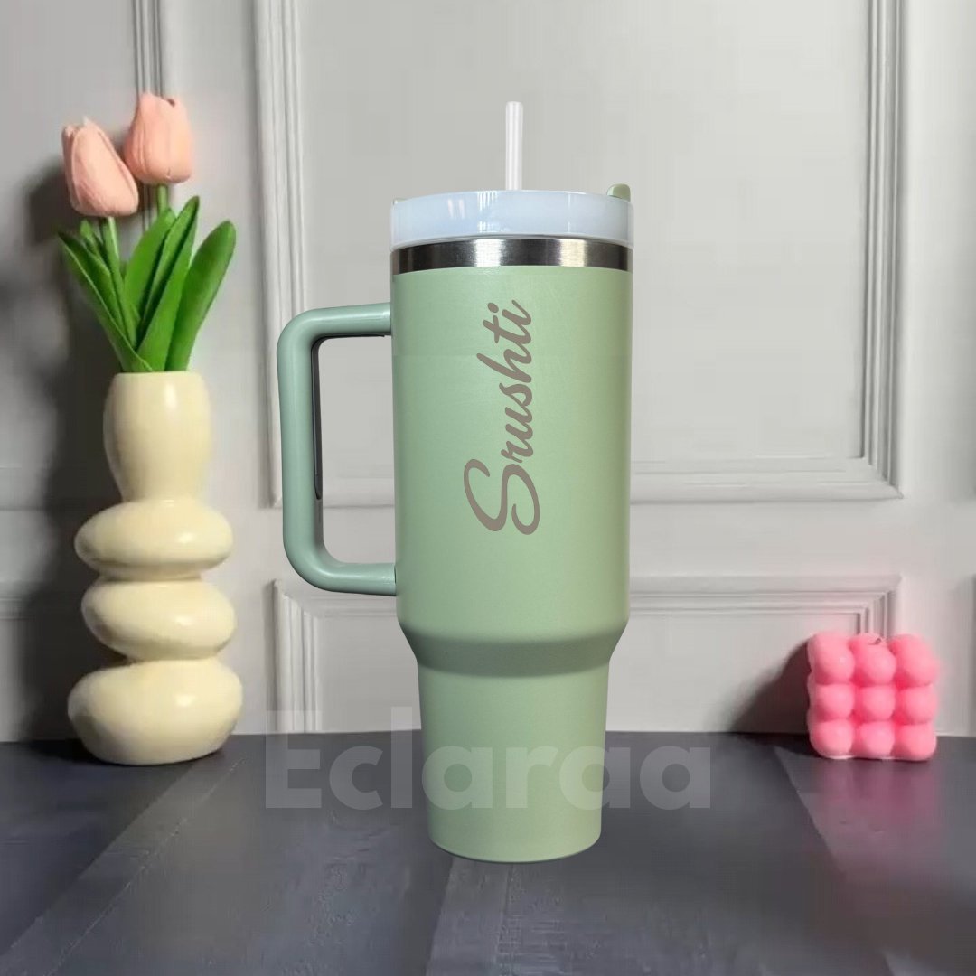 Green custom engraved insulated tumbler with straw and handle – 40oz