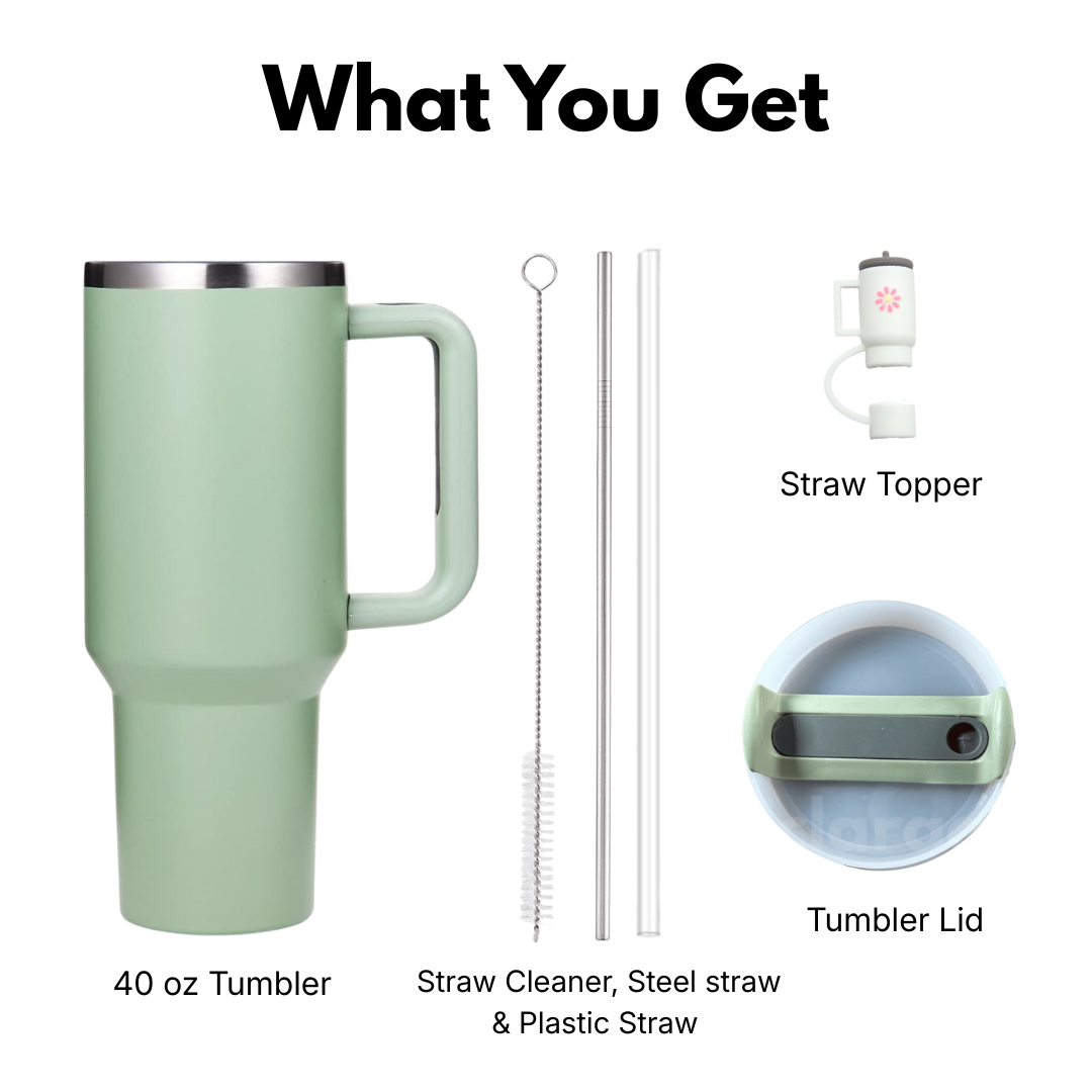 green 40oz  tumbler with straw topper, straw cleaner, and lid 