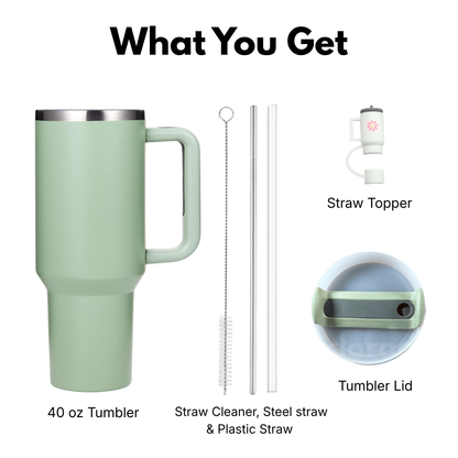 green 40oz  tumbler with straw topper, straw cleaner, and lid 