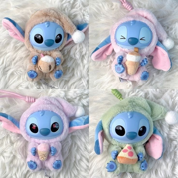 Cute Miniso Stitch plush pendant holding food from the Eat Something Before Sleep blind box series