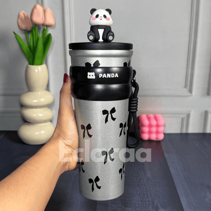 Black Pookie Panda Sipper 700ml insulated stainless steel tumbler with straw