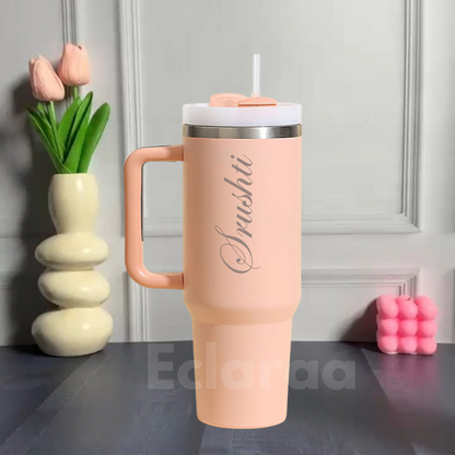 Peach 40oz double-wall tumbler with name engraving and lid
