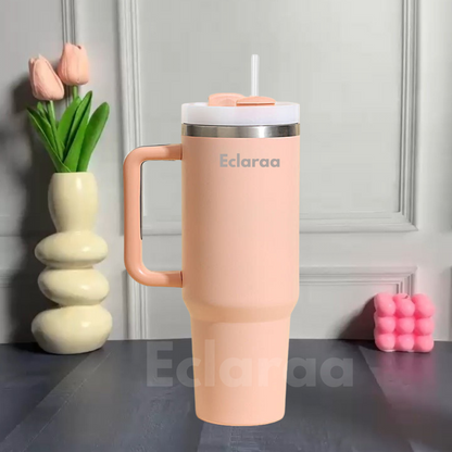 Peach 40oz double-wall tumbler with name engraving and lid
