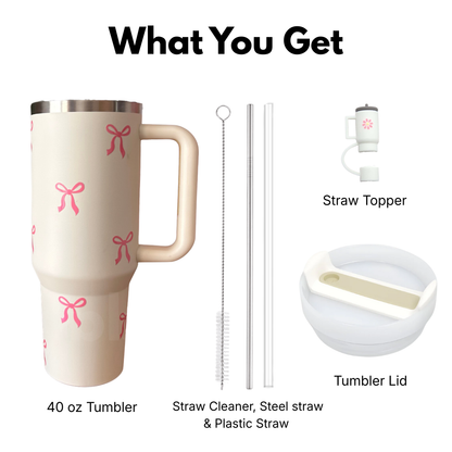 pookie 40 oz tumbler, straw topper, straw cleaner, steel straw and tumbler lid