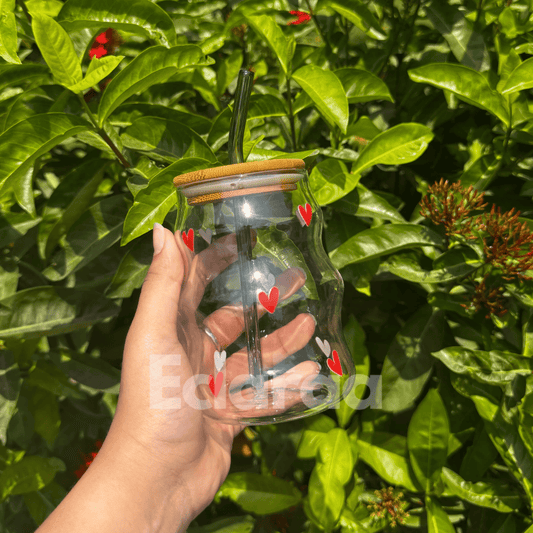 Red heart UVDTF glass tumbler with bamboo lid and reusable straw – 530ml