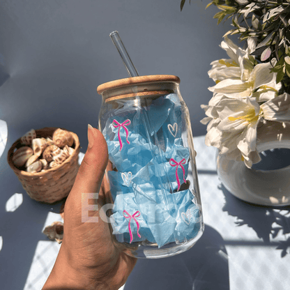 16oz aesthetic glass sipper with all-over bow design
