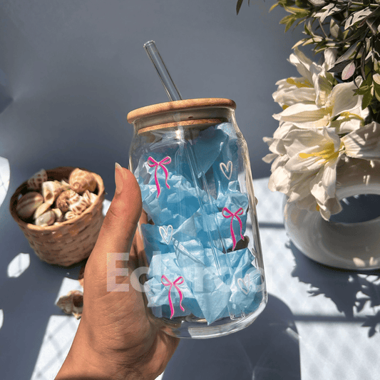 16oz aesthetic glass sipper with all-over bow design