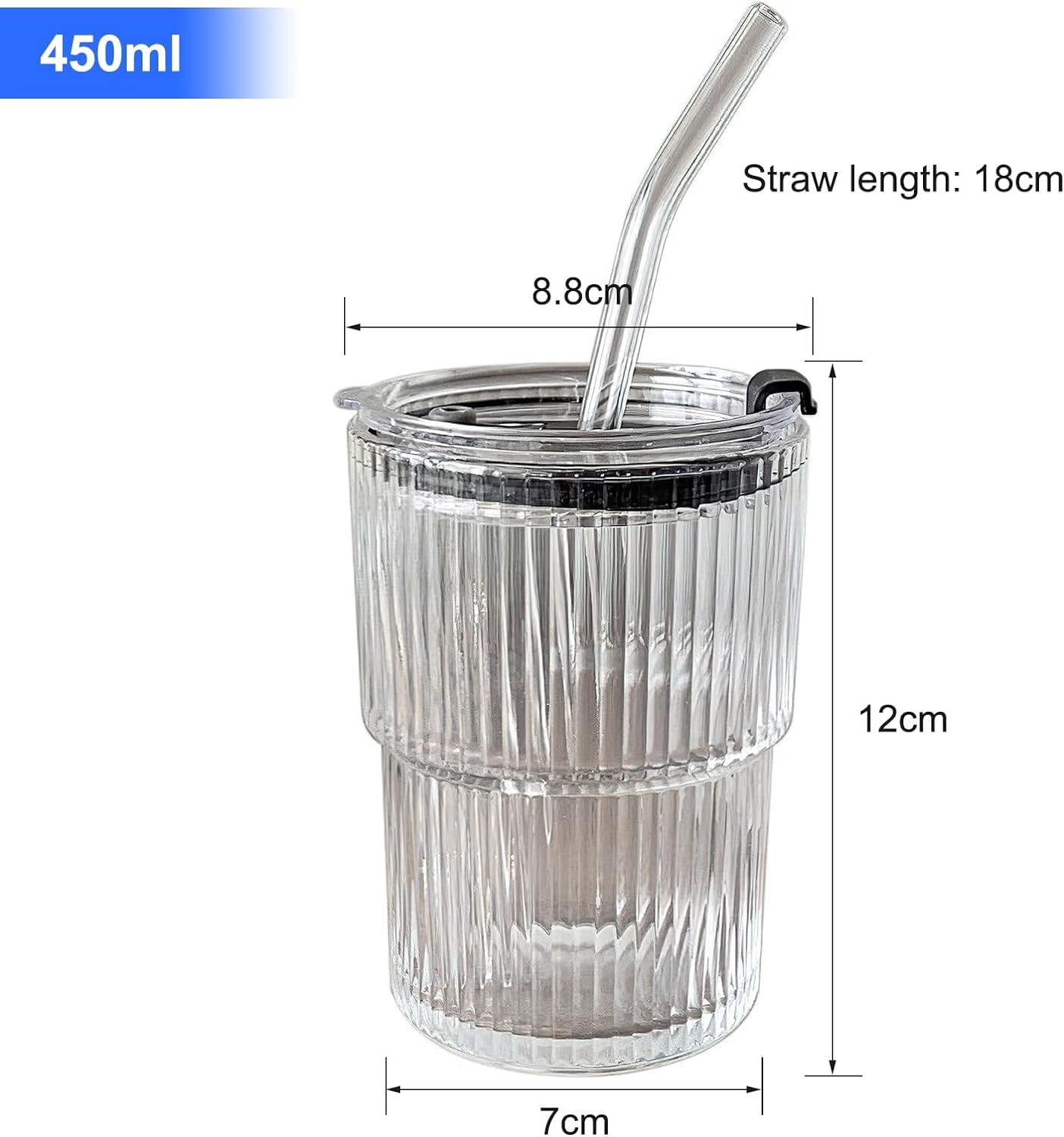 Size and dimensions of the 350ml glass tumbler with lid