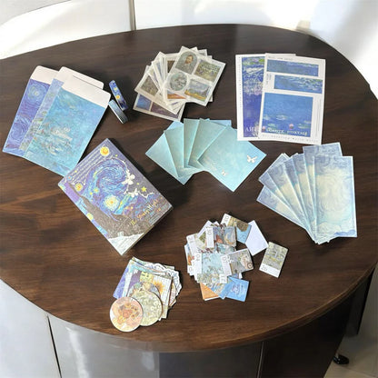 Flat lay of 164 scrapbooking supplies featuring Van Gogh’s Starry Night