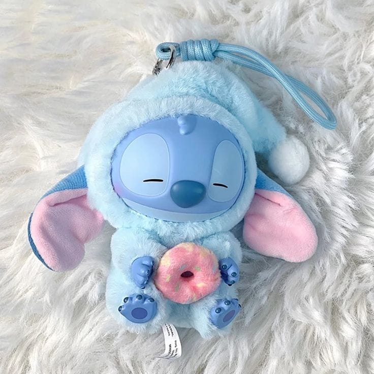 Adorable Stitch plush pendant from Miniso Eat Something Before Sleep series with bamboo box packaging