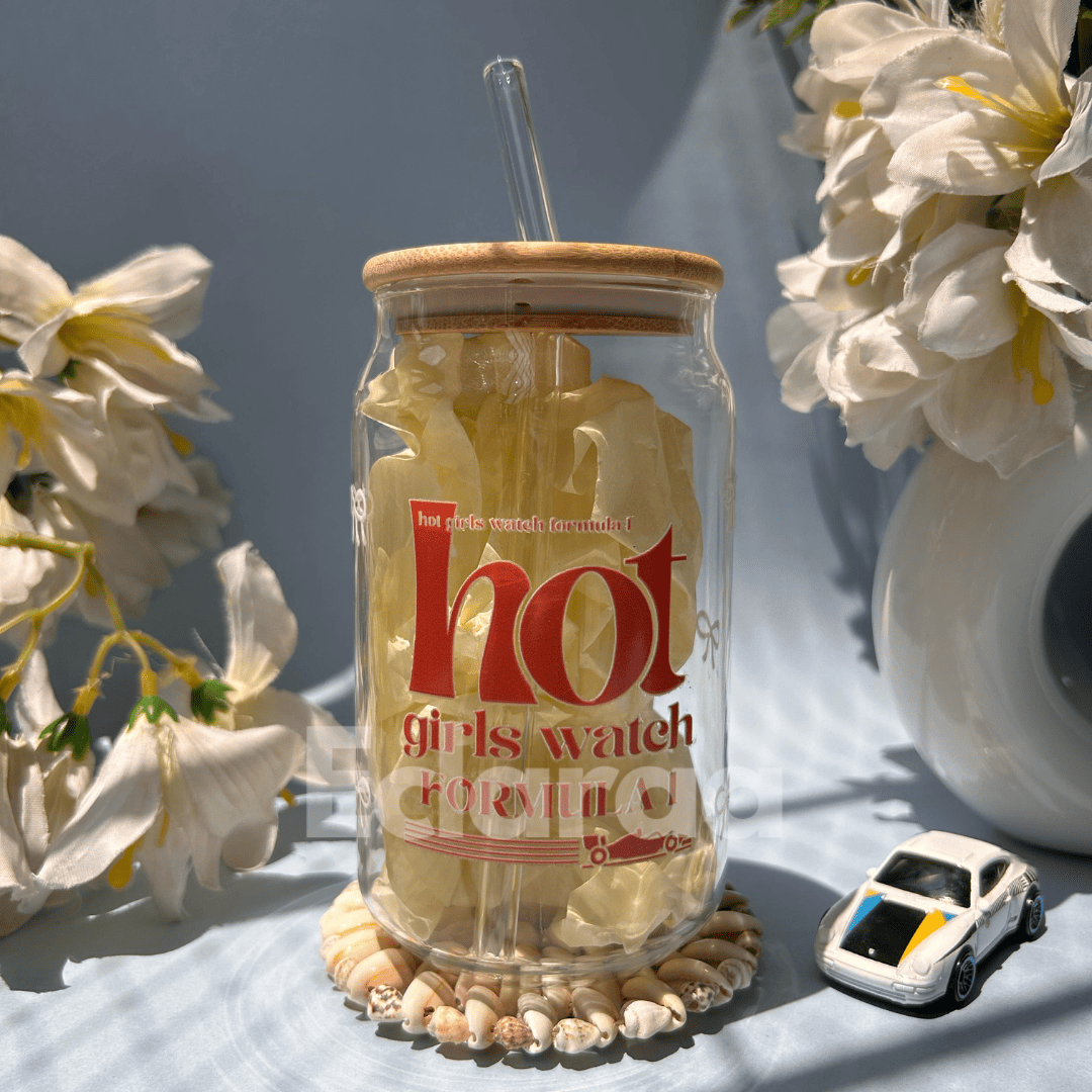 Close-up of UVDTF print on borosilicate Formula 1 glass tumbler