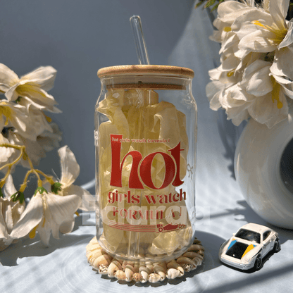 Close-up of UVDTF print on borosilicate Formula 1 glass tumbler