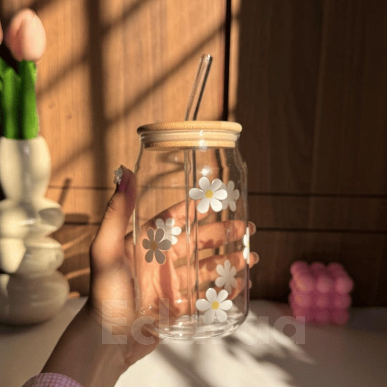 White Flower Can-Shaped Glass Tumbler 540ml with straw and lid 16oz