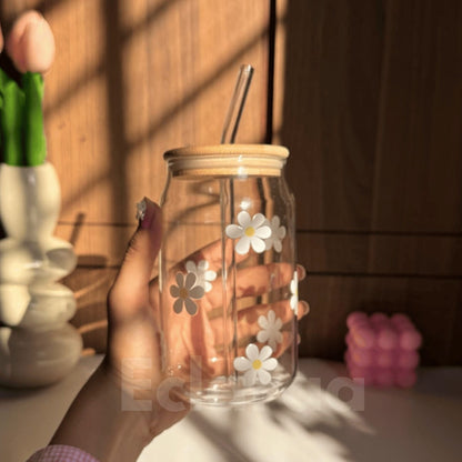 White Flower Can-Shaped Glass Tumbler 540ml with straw and lid 16oz
