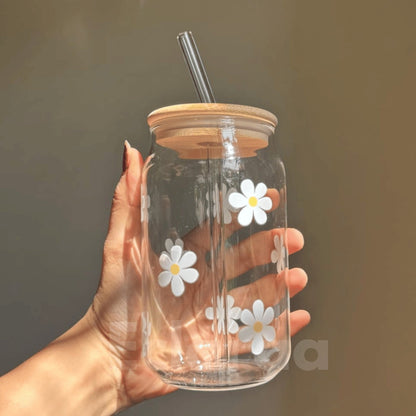 White Flower can glass tumbler with leak-resistant lid and glass straw 540ml